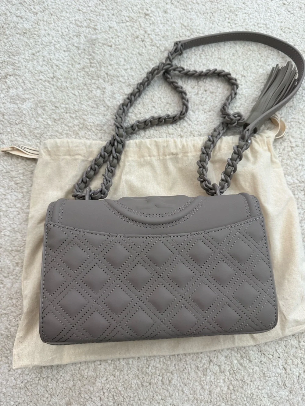Tory Burch Fleming Small Quilted Leather Convertible Shoulder Bag in Taupe